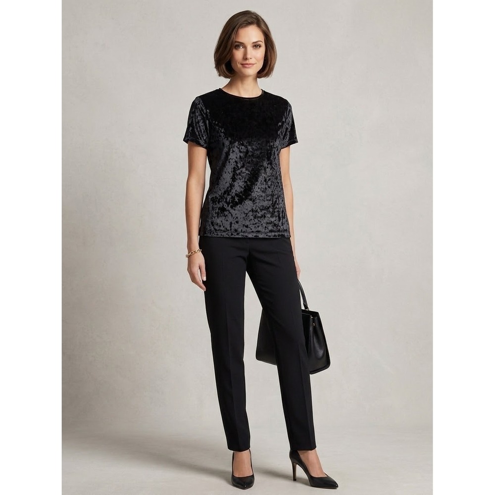 Vince Black Crushed Velvet Short Sleeve Top Crew Neck V795782968 XS